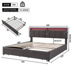Btm Super King Upholstered Bed 6Ft With Led Light Hydraulic Storage Drawers Foam Headboard Linen Grey - thumbnail 8
