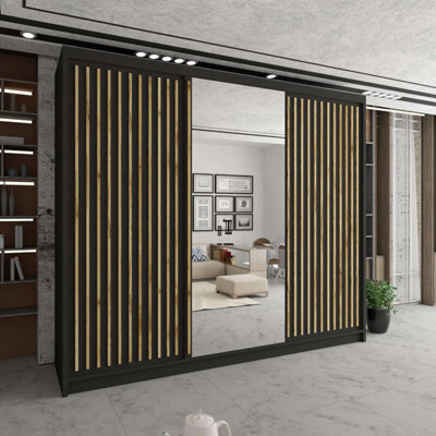 Sliding Wardrobes 4 u LTD Modern Grooved Sliding Mirror Wardrobe With Led Light Black/oak 250Cm - image 1