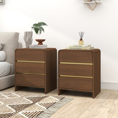 Melody Maison Pair Of Walnut Brown 3 Drawer Bedside Tables - Meridian Walnut Range - image 1