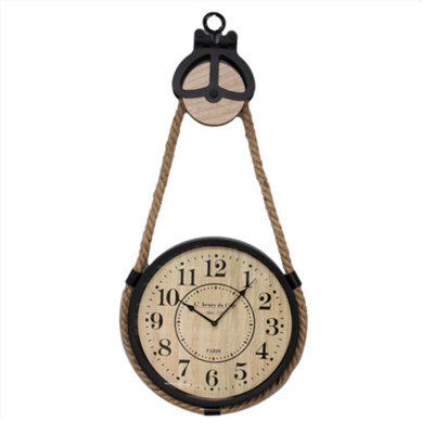 Hanging Wall Clock Iron Framed Wooden Round Industrial Pulley & Rope Quartz 33Cm - image 1