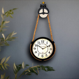 Hanging Wall Clock Iron Framed Wooden Round Industrial Pulley & Rope Quartz 33Cm - thumbnail 4