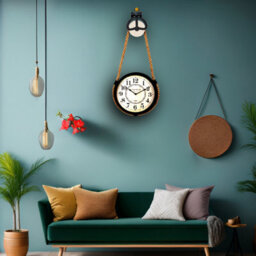 Hanging Wall Clock Iron Framed Wooden Round Industrial Pulley & Rope Quartz 33Cm - thumbnail 3
