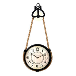 Hanging Wall Clock Iron Framed Wooden Round Industrial Pulley & Rope Quartz 33Cm - thumbnail 5