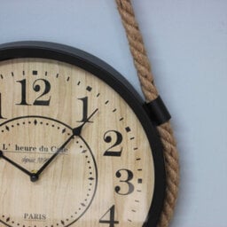 Hanging Wall Clock Iron Framed Wooden Round Industrial Pulley & Rope Quartz 33Cm - thumbnail 2