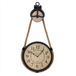 Hanging Wall Clock Iron Framed Wooden Round Industrial Pulley & Rope Quartz 33Cm - thumbnail 1