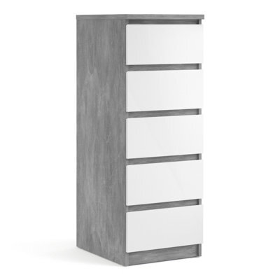 Furniture To Go Naia Narrow Chest Of 5 Drawers In Concrete And White High Gloss (W) 40.4 X (H) 111.3 X (D) 50Cm - image 1