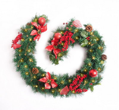 Best Artificial 6Ft Red Decorated Christmas Garland Supplied With 50 Warm White Battery Leds For Banister Fireplace Staircase - image 1