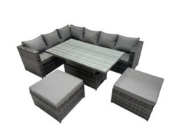Fimous 8-Seater Height Adjustable Rising Lifting Table Corner Sofa Set Rattan Garden Furniture Set With 2 Big Stool - thumbnail 1