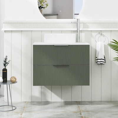 Royal Bathrooms Evora 700mm Sage Green Fluted Wall Hung Countertop Vanity Unit 2 Drawer With Art Basin - image 1