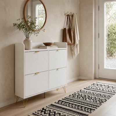 Wyld Haus Zikase White Chevron Slim Shoe Cabinet With 4 Flip Drawers, Holds 16 Pairs, 24Cm Depth - image 1
