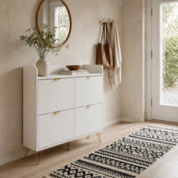 Wyld Haus Zikase White Chevron Slim Shoe Cabinet With 4 Flip Drawers, Holds 16 Pairs, 24Cm Depth - thumbnail 1