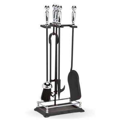 Fire61 Chrome And Black 5 Piece Fireplace Companion Set With Round Handles, Includes Poker, Shovel, Brush, Tongs And Sturdy Stand - image 1