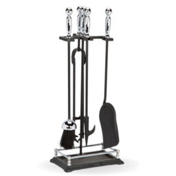 Fire61 Chrome And Black 5 Piece Fireplace Companion Set With Round Handles, Includes Poker, Shovel, Brush, Tongs And Sturdy Stand