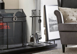 Fire61 Chrome And Black 5 Piece Fireplace Companion Set With Round Handles, Includes Poker, Shovel, Brush, Tongs And Sturdy Stand - thumbnail 3