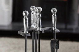 Fire61 Chrome And Black 5 Piece Fireplace Companion Set With Round Handles, Includes Poker, Shovel, Brush, Tongs And Sturdy Stand - thumbnail 2