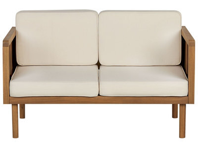 Beliani Acacia Living 2-Seater Garden Sofa - Solid Acacia Wood, Slatted Design, Beige Cushions - image 1