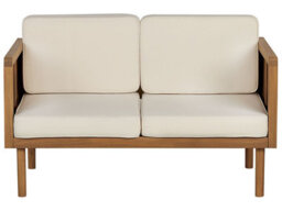 Beliani Acacia Living 2-Seater Garden Sofa - Solid Acacia Wood, Slatted Design, Beige Cushions - thumbnail 1
