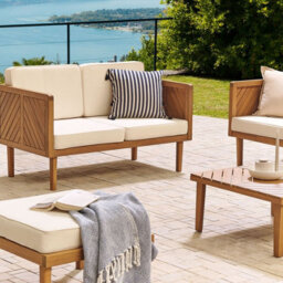 Beliani Acacia Living 2-Seater Garden Sofa - Solid Acacia Wood, Slatted Design, Beige Cushions - thumbnail 2