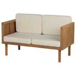 Beliani Acacia Living 2-Seater Garden Sofa - Solid Acacia Wood, Slatted Design, Beige Cushions - thumbnail 3