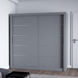 Fhi Lexiss 180Cm Grey Modern Sliding Door Wardrobe Bedroom Storage With Shelves & Hanging Rail