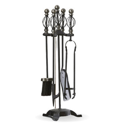 Fire34 5 Piece Companion Set With Pewter And Black Handles Fireplace Tools Stand Poker Brush Shovel Tongs Elegant Design - image 1
