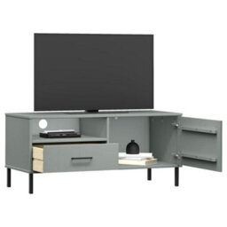 Berkfield Tv Cabinet With Metal Legs Grey Solid Wood Pine Oslo - thumbnail 3