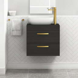 Royal Bathrooms 600mm Wall Hung Vanity Unit 2 Drawer Hale Black & Elva Countertop Basin With Brushed Brass Handle - thumbnail 1