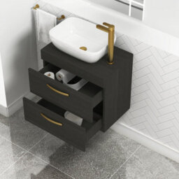 Royal Bathrooms 600mm Wall Hung Vanity Unit 2 Drawer Hale Black & Elva Countertop Basin With Brushed Brass Handle - thumbnail 3