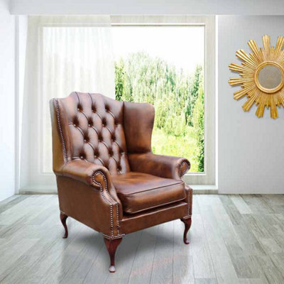 Chesterfield High Back Wing Chair Antique Tan Real Leather Bespoke In Mallory Style - image 1