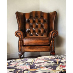 Chesterfield High Back Wing Chair Antique Tan Real Leather Bespoke In Mallory Style - thumbnail 3