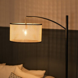 Valuelights Preto Black Metal Curve Stem Floor Lamp With A Natural Cane Wicker Shade With Black Trim - thumbnail 5