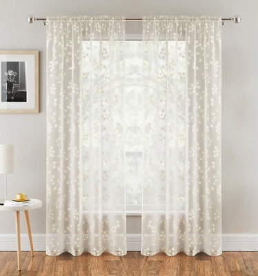 "Tyrone Textiles Delila Cream Leaf Print Voile Panel - Pair 140 X 229Cm (55X90"")" - image 1