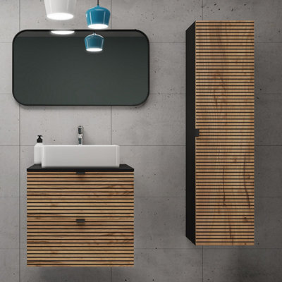Heze Furniture Loft Modern Style Ribbed Door Bathroom Cabines Vanity Units Set With Worktop 60Cm & 35Cm - Gold Craft Oak - image 1