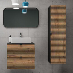 Heze Furniture Loft Modern Style Ribbed Door Bathroom Cabines Vanity Units Set With Worktop 60Cm & 35Cm - Gold Craft Oak