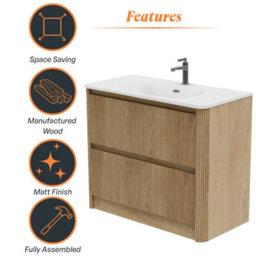 Plum&clay Isla Ribbed Fluted Oak Wood 2 Drawer Freestanding Bathroom Vanity Unit & White Basin Set (W)1000mm - thumbnail 6