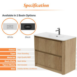 Plum&clay Isla Ribbed Fluted Oak Wood 2 Drawer Freestanding Bathroom Vanity Unit & White Basin Set (W)1000mm - thumbnail 5