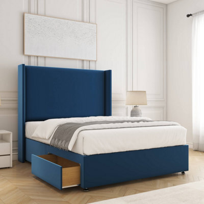 Bsspoke Austin Divan Bed Blue Plush Velvet 54Inch Wingedback Headboard 2 Drawers Footend & Mattress In All Sizes - image 1