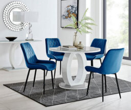 Furniturebox Giovani Round 4 Seat 100Cm White High Gloss Halo Base Grey Glass Top Dining Table 4 Navy Velvet Black Leg Pesaro Chairs