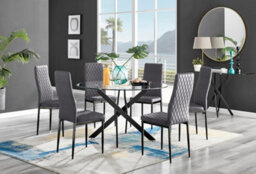 Furniturebox Uk Novara Black Leg 120Cm Round Glass Dining Table & 6 Grey Velvet Milan Black Leg Chairs - thumbnail 1