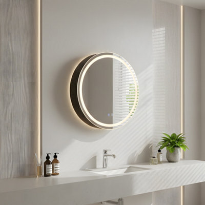 Living And Home Wall-Mounted Round Mirror Bathroom Anti-Fog Mirror Cabinet With Led Lights, Shelves, Built-In Shaver Socket - image 1