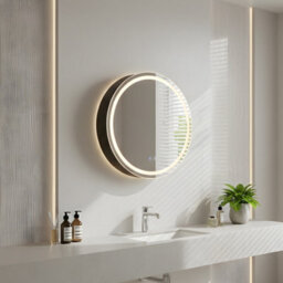 Living And Home Wall-Mounted Round Mirror Bathroom Anti-Fog Mirror Cabinet With Led Lights, Shelves, Built-In Shaver Socket - thumbnail 1