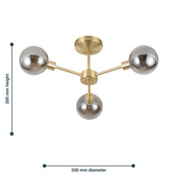 First Choice Lighting Toner Satin Brass With Smoke Glass Globes 3 Light Flush Ceiling Light - thumbnail 6