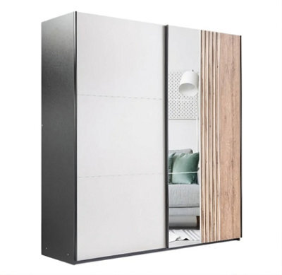 Arte Evora 203Cm Sliding Wardrobe - Mirror, Cashmere & Oak-Effect Slats With Black Frame - image 1