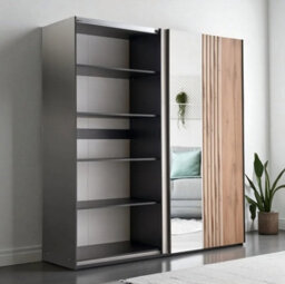 Arte Evora 203Cm Sliding Wardrobe - Mirror, Cashmere & Oak-Effect Slats With Black Frame - thumbnail 2