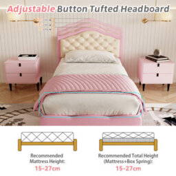 Btm 3Ft Pu Leather Upholstered Bed, Adjustable Tufted Headboard, Wooden Slats, No Box Spring, Pink/beige, Easy Assembly - thumbnail 6