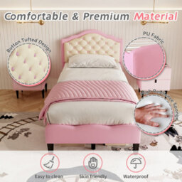 Btm 3Ft Pu Leather Upholstered Bed, Adjustable Tufted Headboard, Wooden Slats, No Box Spring, Pink/beige, Easy Assembly - thumbnail 7