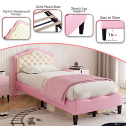 Btm 3Ft Pu Leather Upholstered Bed, Adjustable Tufted Headboard, Wooden Slats, No Box Spring, Pink/beige, Easy Assembly - thumbnail 8