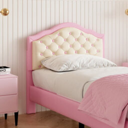 Btm 3Ft Pu Leather Upholstered Bed, Adjustable Tufted Headboard, Wooden Slats, No Box Spring, Pink/beige, Easy Assembly - thumbnail 4