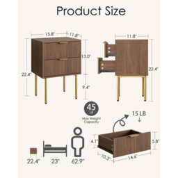 Functional Wooden Nightstand With 2 Drawers, Gold Legs - thumbnail 2
