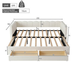 Btm Upholstered Daybed With 2 Drawers, 90X190Cm Extendable To 180Cm, Usb Port, Beige Linen - thumbnail 9